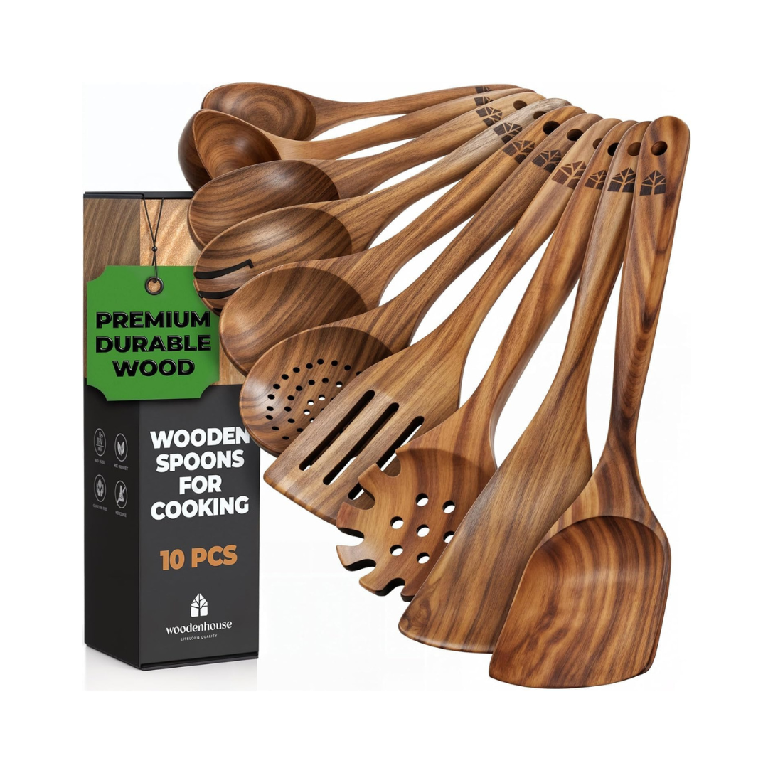 10 Pcs Teak Wood Utensil Set