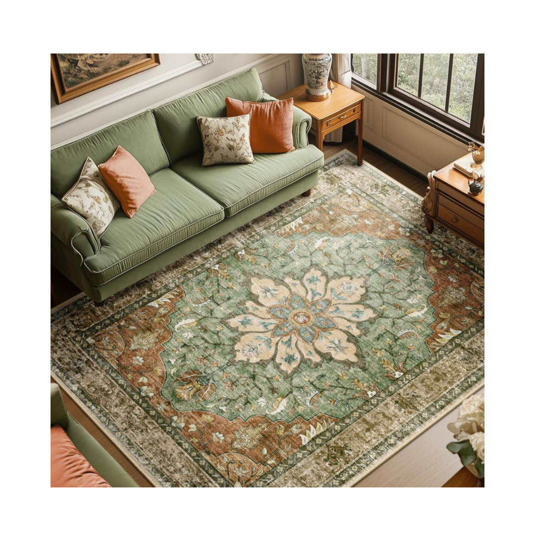 RELEANY Area Rugs 8'x10' Washable Non-Slip, Floral Vintage Distress Print Pattern Medallion Carpet for Living Room Bedroom Dining Room, Brick Red Rust Neutral Brown Burnt Orange Green