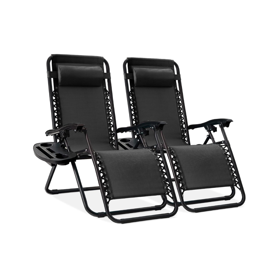 Set of 2 Adjustable Steel Mesh Zero Gravity Lounge Chair Recliners w/Pillows