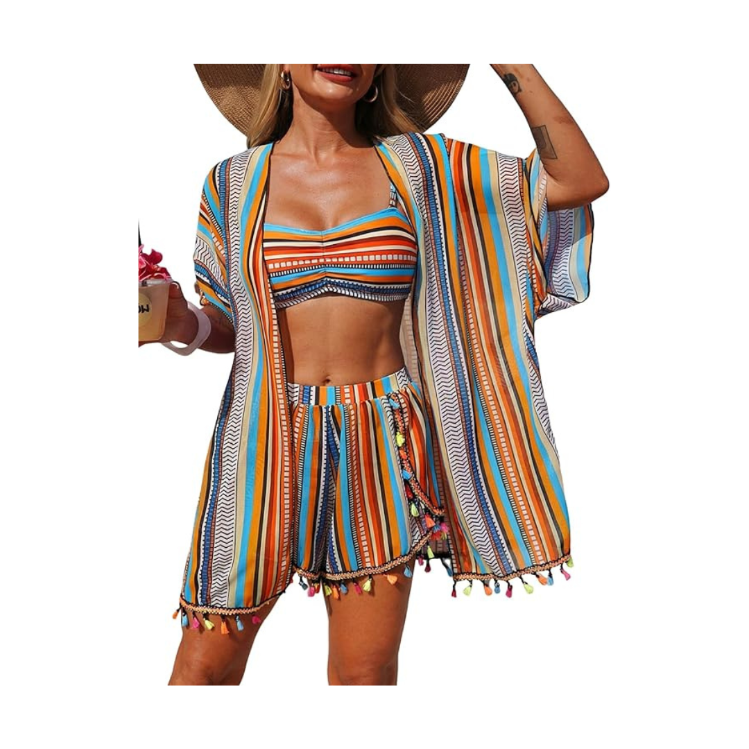 4pcs Ruched Striped Bikini Set