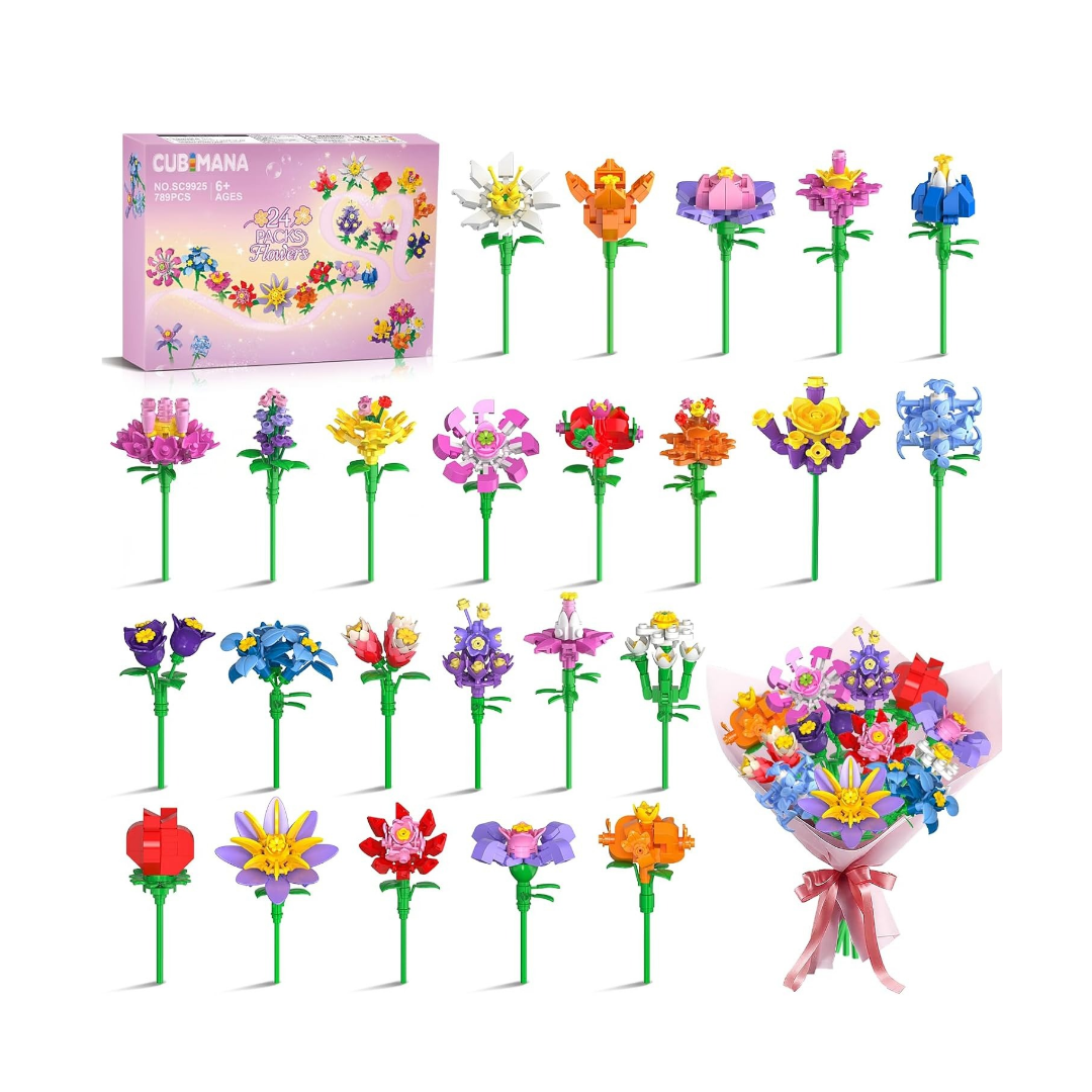 24 Pack Flowers Valentines Party Favors for Kids Building Set - 789PCS