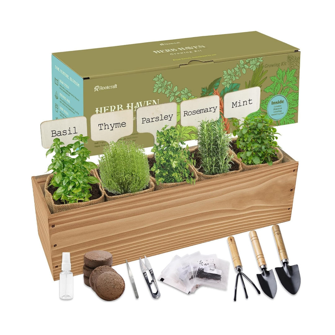 5 Herb Garden Planter Indoor with Wooden Box
