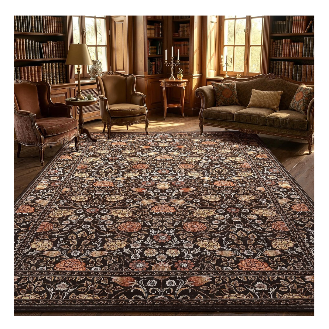 Brown Vintage Floral Washable Rugs