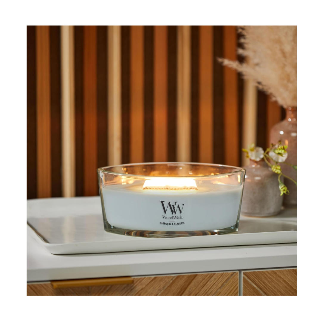 WoodWick Sagewood & Seagrass Gifts for Women and Men, 16 oz Ellipse Candle with Crackling Wick