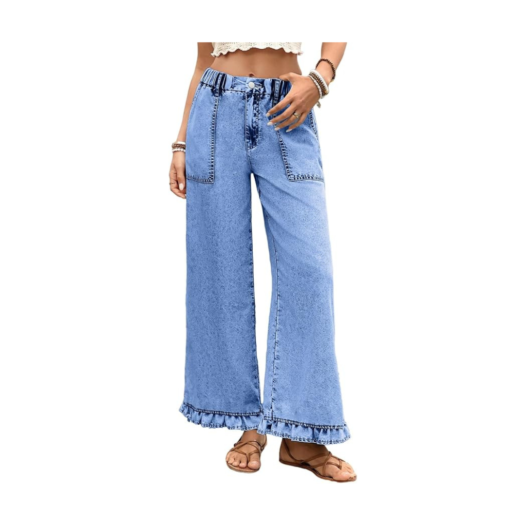 Womens Jeans High Waisted Ruffle Hem