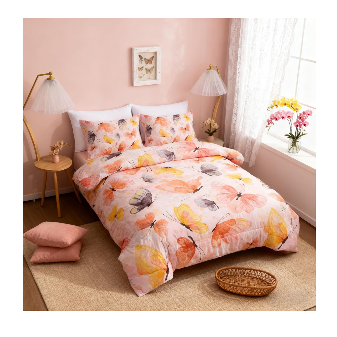 3 Piece Butterfly Pattern Girls Comforter Set Twin