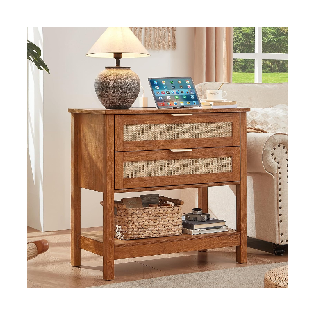 31.5" Wide Rattan Night Stand with Charger Station