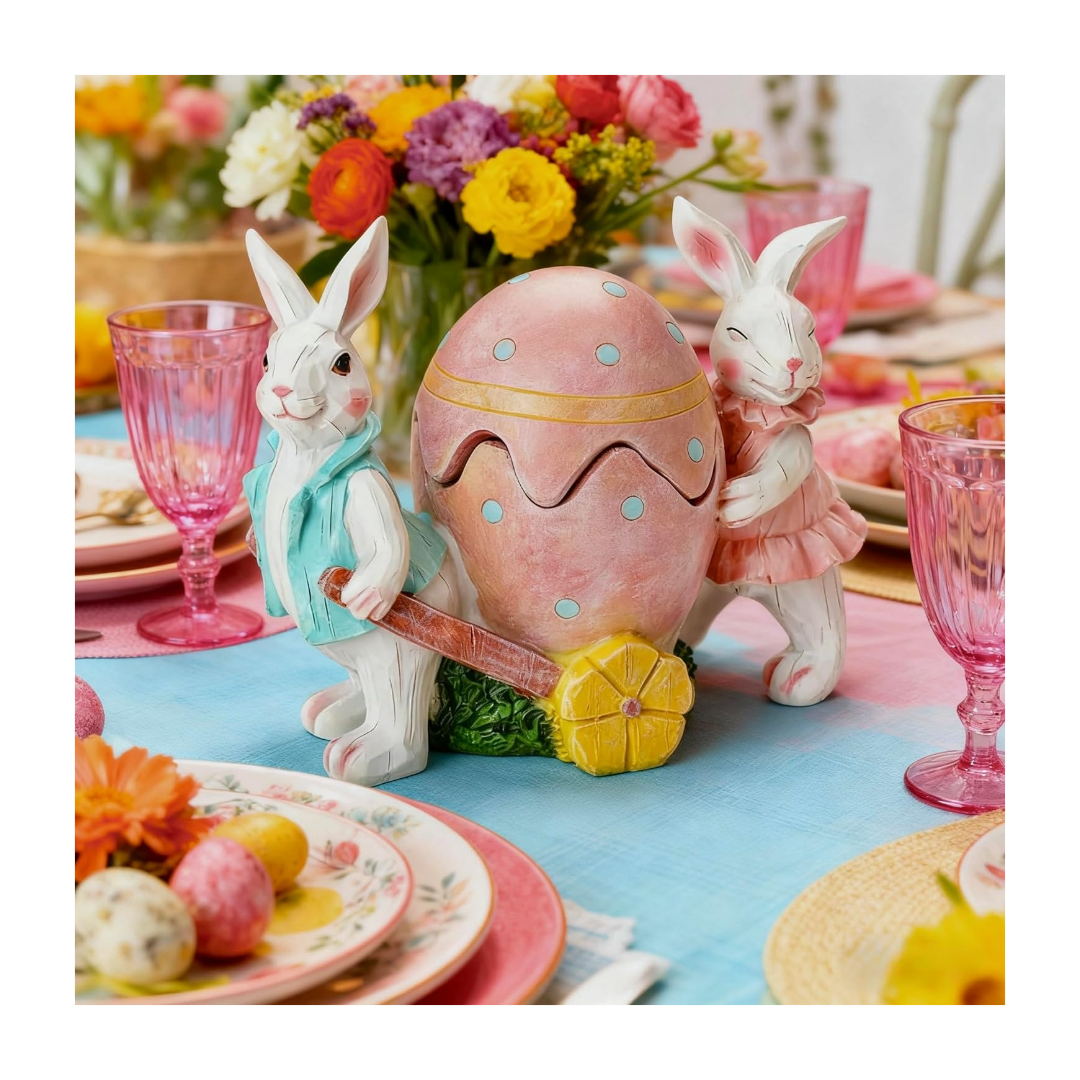 Bunny Figurines & Egg with Tealight for Spring Home Decor