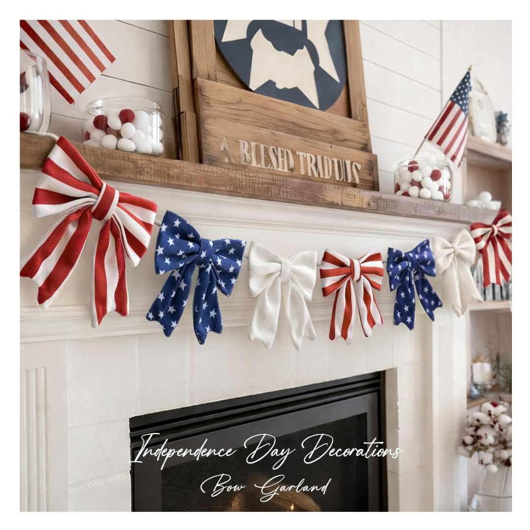 4th of July Decorations - 6.5 Ft Patriotic Bow Garland
