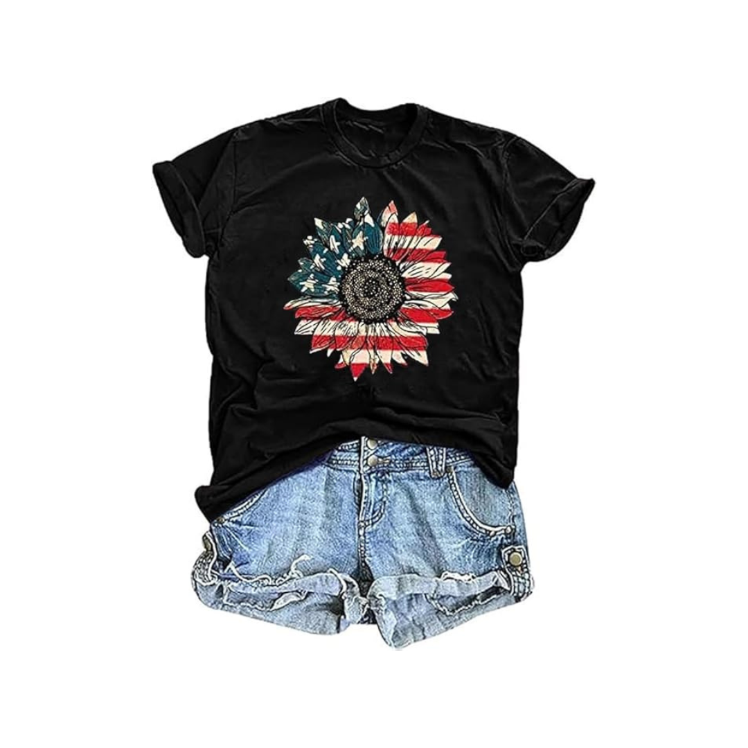 Women's Vintage Sunflower American Flag Shirt