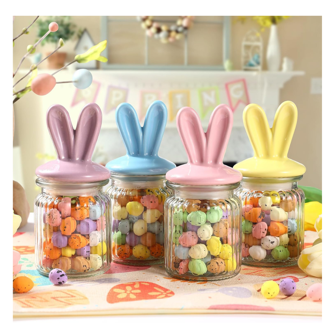 4 PCS Glass Jars with Ceramic Bunny Ear Lid