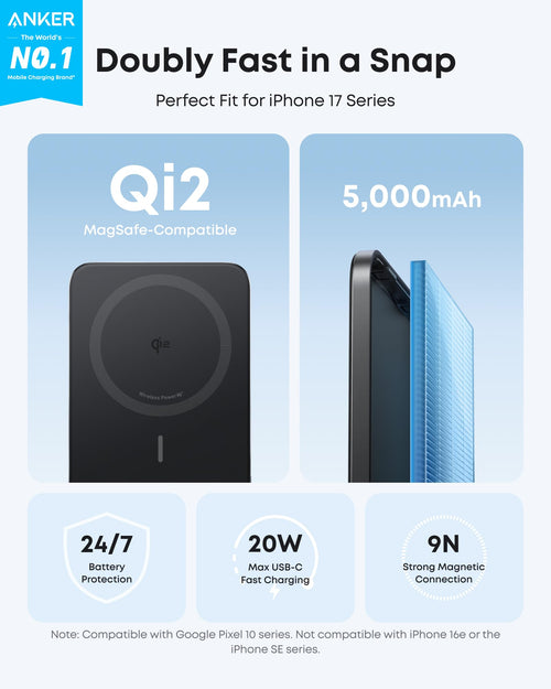 Anker Nano MagSafe Portable Charger, Ultra-Slim 5,000mAh Magnetic Wireless Charging Battery, Qi2 Certified 15W Max MagSafe-Compatible Power Bank, Ergonomic Design, for iPhone 17/16 Series, and More