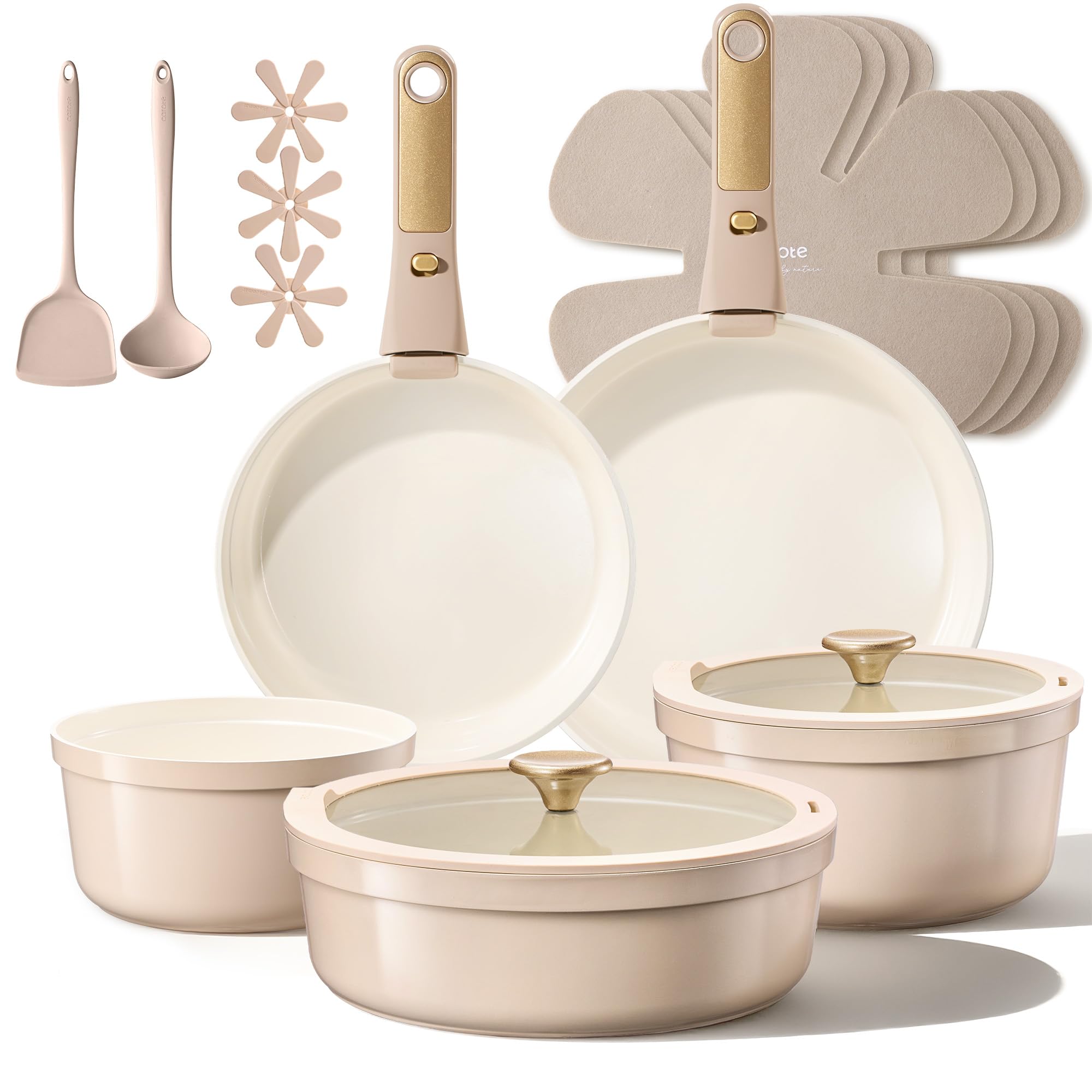 CAROTE 18 Pcs Ceramic Cookware Set Titanium Nonstick with Detachable Handles