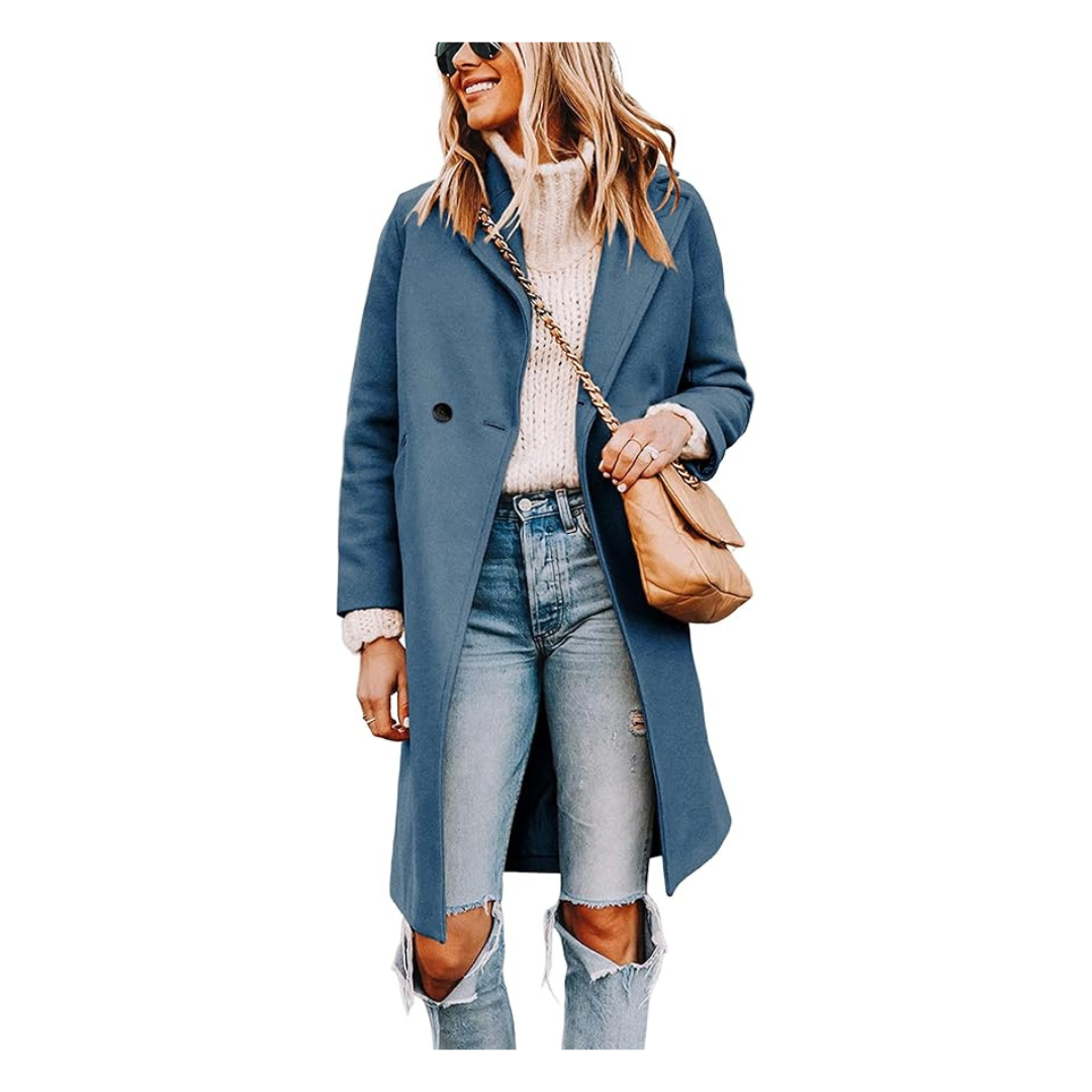 Women's Notch Lapel Double Breasted Wool Blend Mid Long Pea Trench Coat