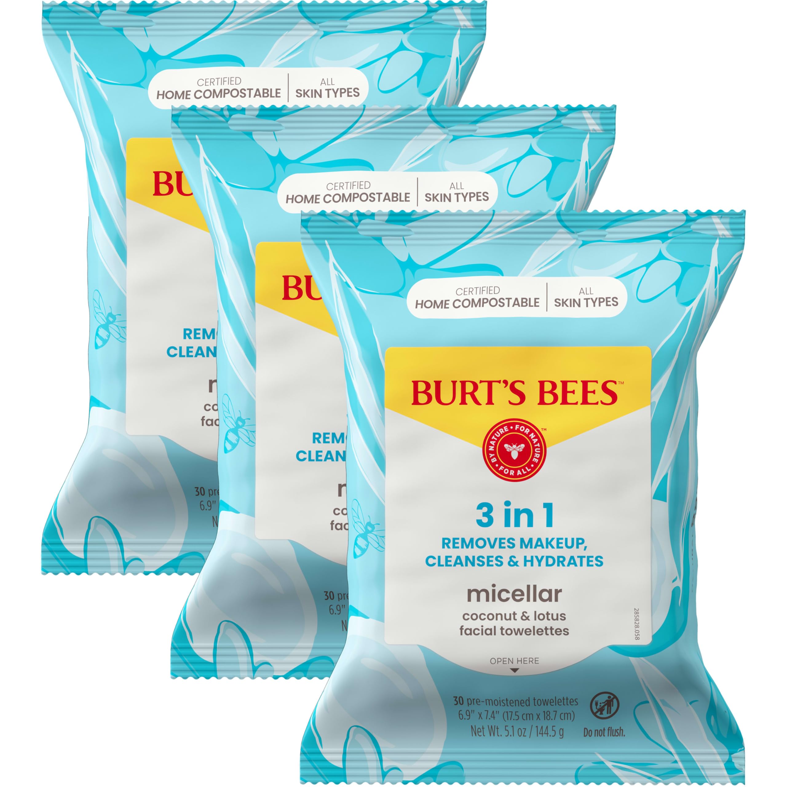 Burt's Bees Stocking Stuffers, Coconut & Lotus Face Wipes, 30 Ct. (3-Pack)
