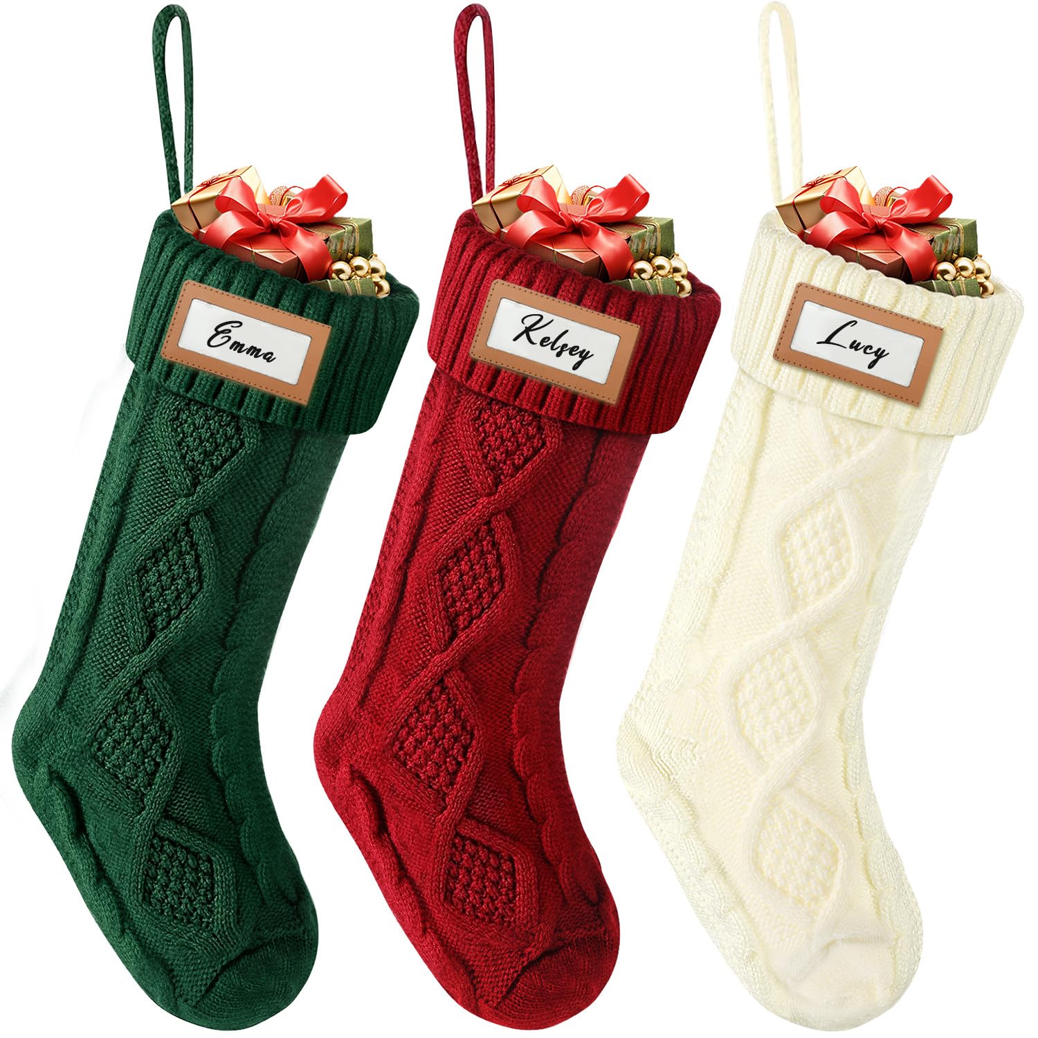 18 Inch Cable Knit Christmas Stockings 3 Pack - Red & Green & White
